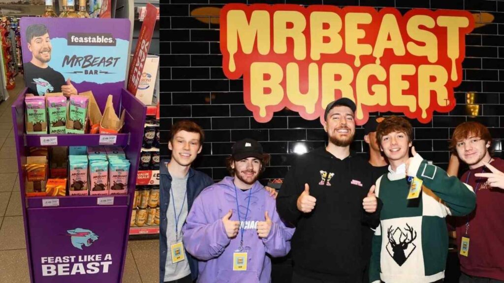 images of famous youtuber Mr.beast's side businesses in tha name of feastables and mr beast burger